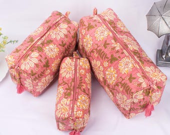 Set of 3 - Quilted Makeup Pouch, Cotton Toiletry Bag, Floral Cosmetic Organizer, Women’s Gift