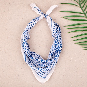 Reusable Block Printed Bandana Scarf, Summer Fashion Wrap, Cotton Headwrap, Summer Bandana Scarf, Blue Vacation Bandana, Travel Scarf