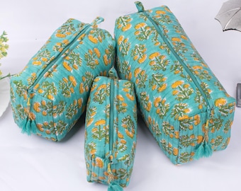 Set of 3 - Handmade Cotton Makeup Bag, Quilted Cosmetic Pouch, Travel Toiletry Organizer