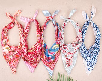 5pcs Block Printed Cotton Bandana, Lightweight Handmade Scarf, Reusable Face Wrap, Travel Cotton Bandana, Bohemian Summer Scarf, Gift Idea