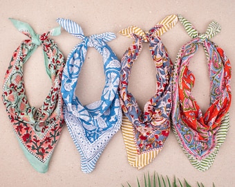4pcs Handmade Block Print Cotton Bandana, Boho Floral Head Scarf for Women