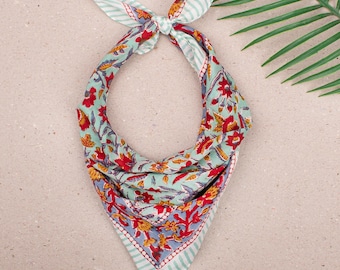 Handprinted Cotton Bandana, Floral Head Scarf, Beach Bandana, Summer Headband, Festival Bandana, Cotton Scarf, Bandana Headband, Hair Scarf