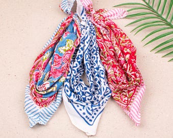 3pcs Reusable Handmade Cotton Bandana, Block Printed Headwrap, Lightweight Summer Scarf, Unisex Birthday Gift, Beach Bandana, Women Gift