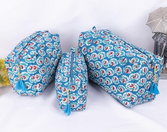 Set of 3 Small Wash Bag For Women, Printed Cotton Makeup Bag, Cosmetic Bag, Waterproof Bag, Cotton Bag, Vanity Pouches - Mini/Medium/Large