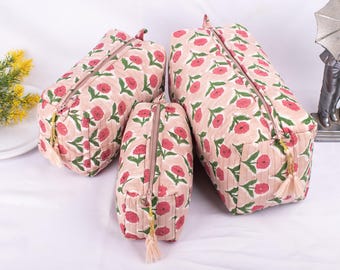 Set of 3 Block Print Toiletry Bag, Small Wash Bag For Women, Reusable Bag, Hand Block Printed Makeup Bag, Waterproof Bag - Mini/Medium/Large