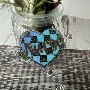 Checkered Heart Nurse Name Badge Reel Alligator Clip Retractable, Registered Nurse, LPN, Clinic Nurse