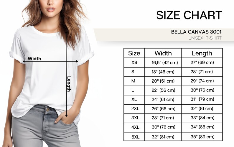 Peut inclure: Tableau des tailles pour t-shirt unisexe Bella Canvas 3001. Le tableau indique les mesures de largeur et de longueur en pouces et en centim&egrave;tres pour les tailles XS &agrave; 5XL.