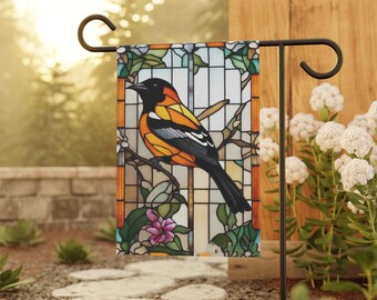 Baltimore Oriole Stained Glass Garden Flag, Bird Lover Gift, Baltimore Oriole Gift, Gift for Bird Lover, Spring Bird Flag, Gardner Flag