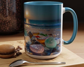Taza de vidrio marino con temática de playa, taza con temática de playa, taza de café costera, taza con temática oceánica, taza para amantes de la playa, taza costera, taza con decoración de cocina costera