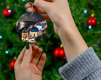 Personalized Santorini Christmas Ornament: Night Sky Ceramic Keepsake