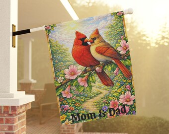 Personalized Cardinal Couple Memorial Garden Flag - Outdoor Sympathy Decor Gift - Spring Red Cardinal Floral Banner - Bird Lover Gift Decor