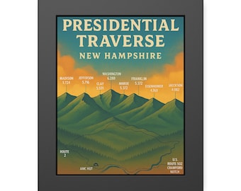 Presidential Range 8x10 Framed Poster Art, Mount Washington Wall Decor, NH 4000, Franconia Notch, Appalachian Trail, NH 48, Gift for Hiker