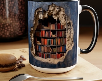 May include: A white ceramic mug with a black rim and handle. The mug features a graphic of a bookshelf filled with books inside a broken wall.