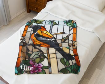 Personalized Baltimore Oriole Stained Glass Velveteen Plush Blanket
