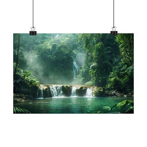 Misty rainforest waterfall 10x8 Poster, Serene waterfall Art Decor, Waterfall Lover Gift, Breathtaking waterfall Poster Decor, Home Office