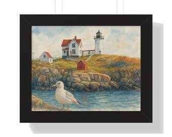 Nubble Lighthouse Rare Seagull Watercolor 14x11 Print, Art, Nubble Light Maine wall art, Maine Lighthouse Gift, Home Office Decor, Coastal