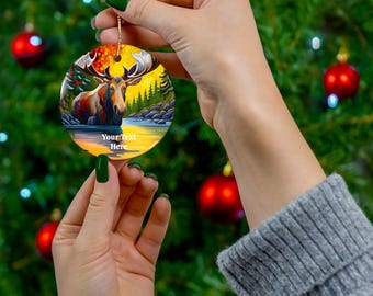 Personalize Moose Ceramic Christmas Tree Ornament, Personalize Moose Holiday Ornament, Personalize Cute Moose Ornament, Personalize Maine