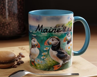Maine Puffin Coffee Mug: Nubble Lighthouse Ceramic Cup