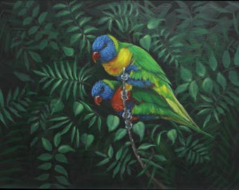 ジャングルの沼地の果樹の中の美しい野生のオウム - 高品質の手描きの