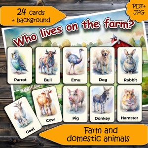 Tarjetas educativas de vocabulario Montessori y Waldorf Granja y animales domésticos, juego de 24 tarjetas imprimibles más fondo para juegos