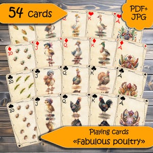 Printable full playing cards deck  for kids PDF JPG. Board game for childrens digital download "Fabulous poultry" 54 cards