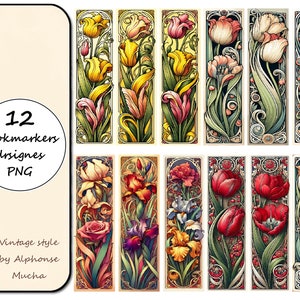 Vintage set of floral bookmarks for women PNG, 12 bookmarks designs Nouveau style Alphonse Mucha