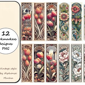 Vintage set of floral bookmarks for women PNG, 12 bookmarks designs Nouveau style Alphonse Mucha
