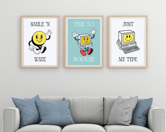 Impresión de pared para cocina, dormitorio, baño, salón, oficina. Conjunto de 3. Descarga digital de dibujos animados de estilo vintage, conjunto de impresión 'Retro Trio'.