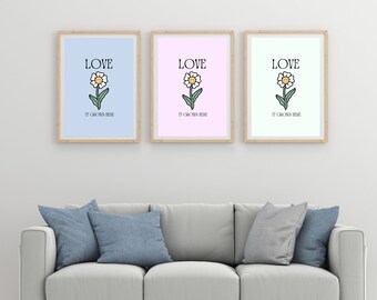 Impresión de pared para cocina, dormitorio, baño, salón, oficina. Conjunto de 3. Descarga digital de dibujos animados de estilo vintage, conjunto de trío 'Love Grows'.