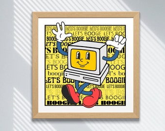 Impresión de pared para cocina, dormitorio, baño, salón. Descarga digital de dibujos animados de estilo vintage amarillo 'Let's Boogie', decoración retro del hogar.