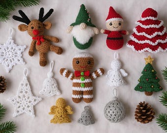 May include: A selection of handmade crochet Christmas decorations, featuring a reindeer, gnome, Santa, Christmas tree, snowflake, star, bell, gingerbread man, angel, and a decorative ball. The ornaments are in various colours, including red, green, white, brown, and gold.