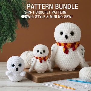 3-in-1 Snowy Owl Crochet Pattern Bundle: No-Sew Mini & Two Sizes of White Amigurumi Owls