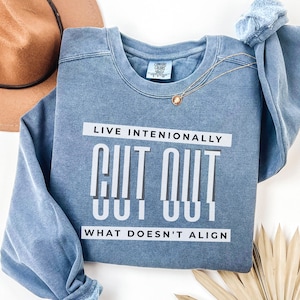 May include: A blue sweatshirt with the text "Live Intentionally Cut Out What Doesn't Align" printed on the front.