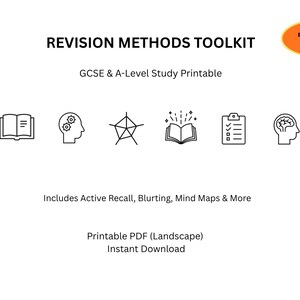 May include: A white graphic with the text "REVISION METHODS TOOLKIT" and "GCSE & A-Level Study Printable." Includes icons of a book, brain, and checklist. The text "Includes Active Recall, Blurting, Mind Maps & More" is also present. An orange oval reads "Exam Season Essential."