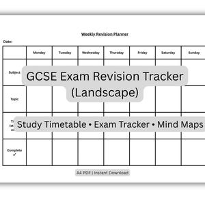 May include: A white A4 weekly revision planner with a grid layout. The planner includes the text "GCSE Exam Revision Tracker (Landscape)" and "Study Timetable • Exam Tracker • Mind Maps".