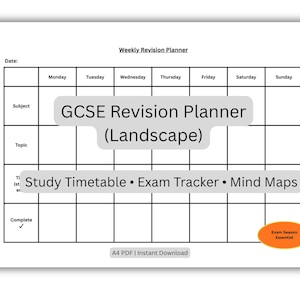 May include: A white weekly revision planner with a grid layout for subjects, topics, and dates. The planner includes the text "GCSE Revision Planner (Landscape)" and "Study Timetable • Exam Tracker • Mind Maps". An orange oval says "Exam Season Essential".