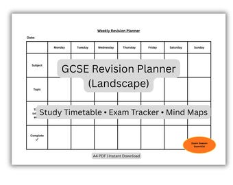 GCSE Revision Planner Printable Landscape | Study Timetable, Exam Tracker & Mind Map PDF