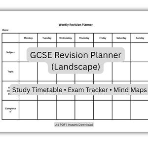 May include: A white A4 revision planner with a grid layout for weekly planning. Features the text "GCSE Revision Planner (Landscape)" and "Study Timetable • Exam Tracker • Mind Maps". Includes space for subjects and topics.