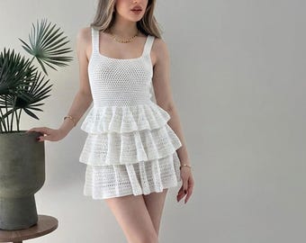 crochet tiered dress Ruffled Pattern: Design, Mini Wedding Dress (PDF) Lace tiered Blue Velvet Elven Dress, top and skirt co ord medium sizing Size:US 20Plus  / UK 24 / EU 50