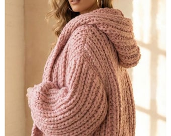 Chunky Hooded Ariana Cardigan Pattern, Easy Beginner Knitting DIY,
