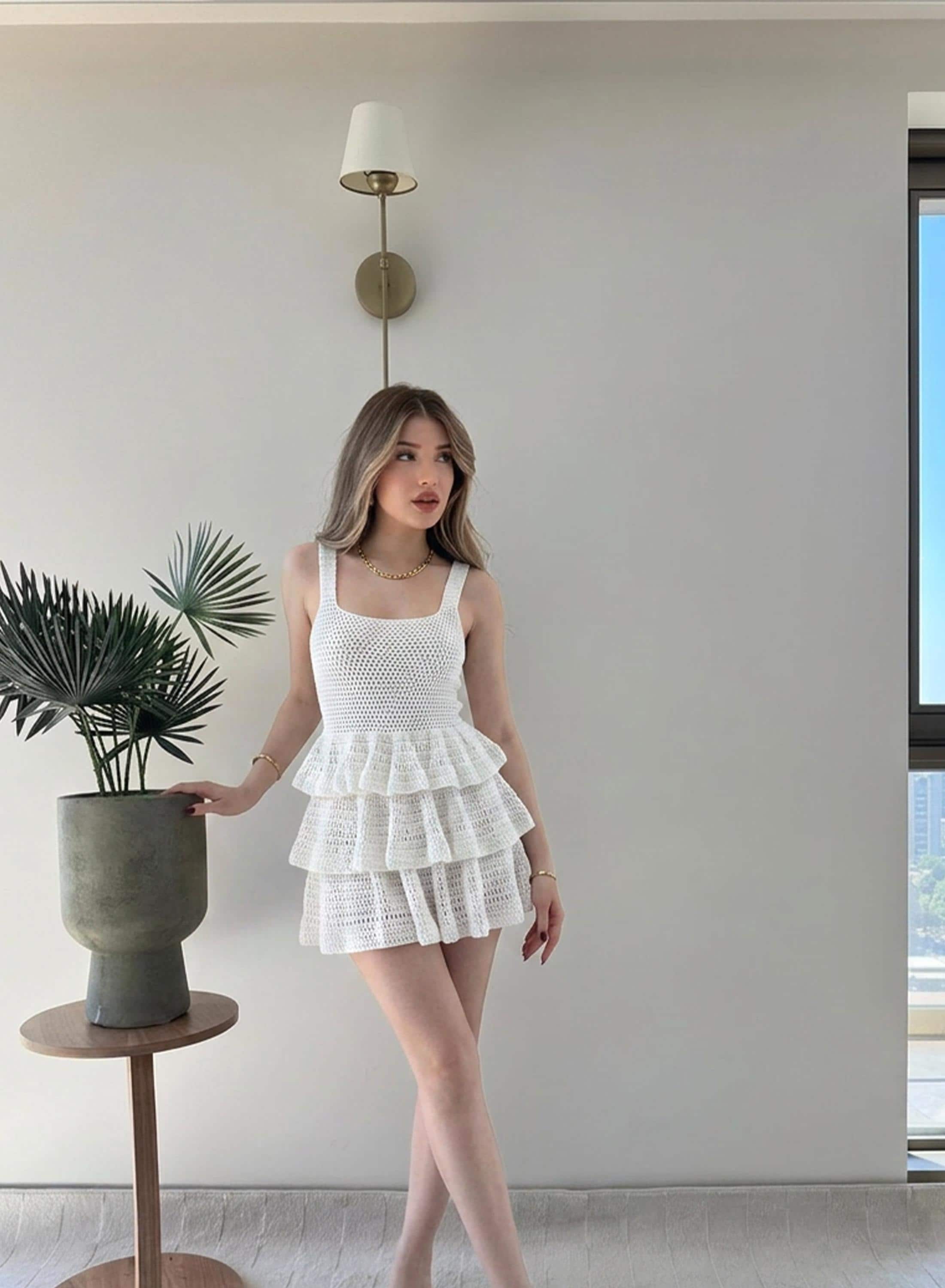 melrose sleeveless crochet & ruffle detail dress pink Ruffled Pattern: Tiered Design, Mini Wedding Dress (PDF) Lined sleeveless Fabric:Hosiery Cotton rose red bridesmaid dresses Forever 21- brown ribbed this ruffled mini dress