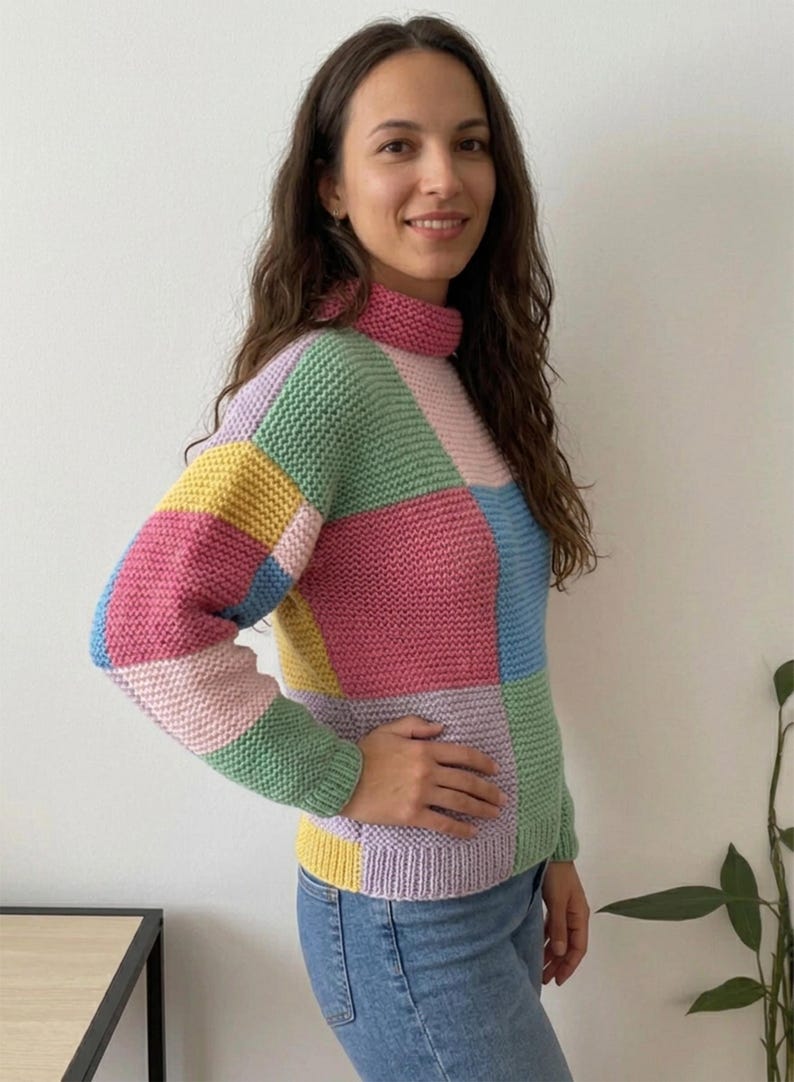 May include: A long-sleeve knit sweater featuring a patchwork design of large rectangular blocks in pastel pink, light blue, soft yellow, and mint green. The garment has a high mock neck collar and ribbed cuffs and hem in matching pastel colors.