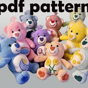 May include: A collection of crocheted teddy bears in various colors, including pink, blue, yellow, green, and purple. Each bear has a unique design and features a different expression on its face. The bears are arranged in a group, with some sitting and others standing. The image includes the text "pdf pattern".
