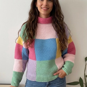 Cinema Sweater Pattern, Easy Beginner Knit DIY, Patchwork Pullover Knitting Pattern Instructions, (PDF)
