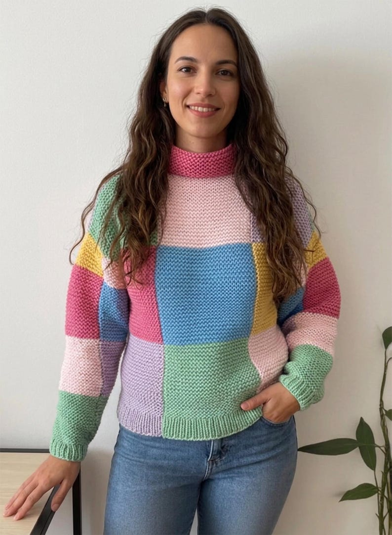 Patchwork Pullover Knitting Pattern Instructions, Sizes S-3XL (PDF) image 1