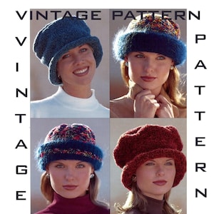 May include: Vintage knitting pattern for four different hats. The hats are shown on four different models. The hats are a blue slouchy hat, a blue and red striped hat, a blue and red striped hat with a blue band, and a red slouchy hat.