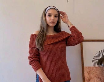 Chunky Cowl Shoulder Sweater Pattern, Easy Beginner Knitting DIY, Sizes XS-2X