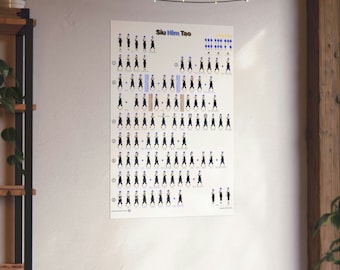 Op de afbeelding: Een zwart-wit poster met illustraties van een persoon die de Siu Nim Tao vorm van Wing Chun Kung Fu demonstreert. De poster heeft de titel "Siu Nim Tao" en de tekst "Little Tree" in geel. De poster toont de verschillende stappen van de vorm, genummerd van 1 tot 8.