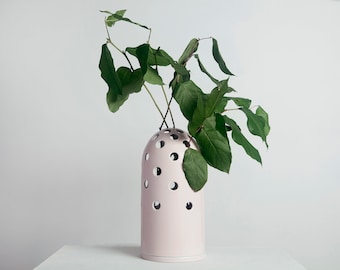 May include: A light pink ceramic vase with a cylindrical body and a rounded top. The vase has multiple circular cutouts and holds green leafy branches. The vase is placed on a white surface against a white background.