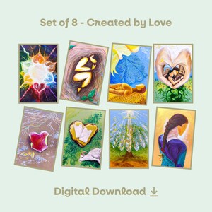 May include: Set of eight colorful art prints with various abstract designs, including hearts, figures, and nature scenes. The text "Set of 8 - Created by Love" and "Digital Download" are displayed on a light green background.